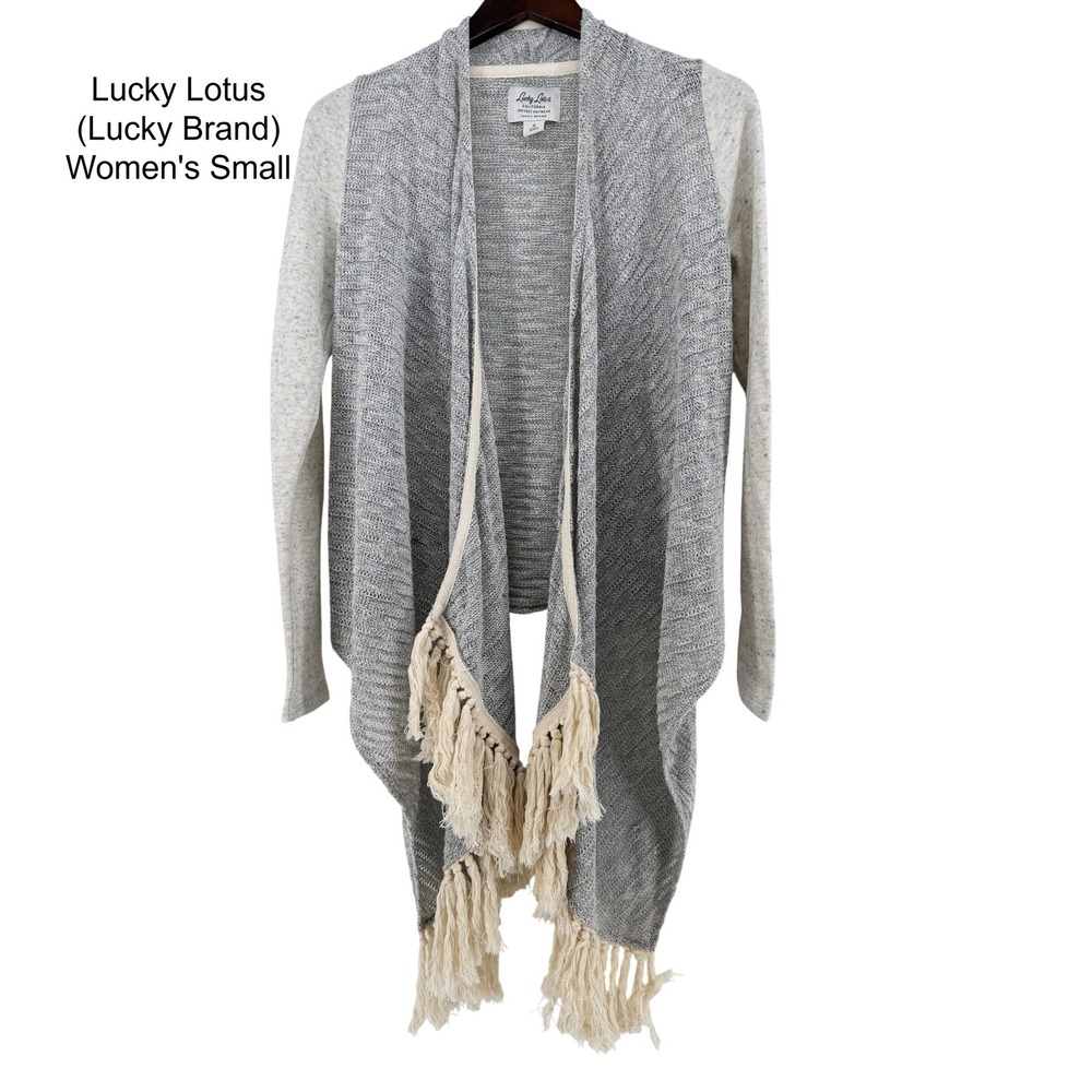 Lucky Lotus Lucky Brand Womens Small Grey Fringe Mixed Media Open Front Cardigan